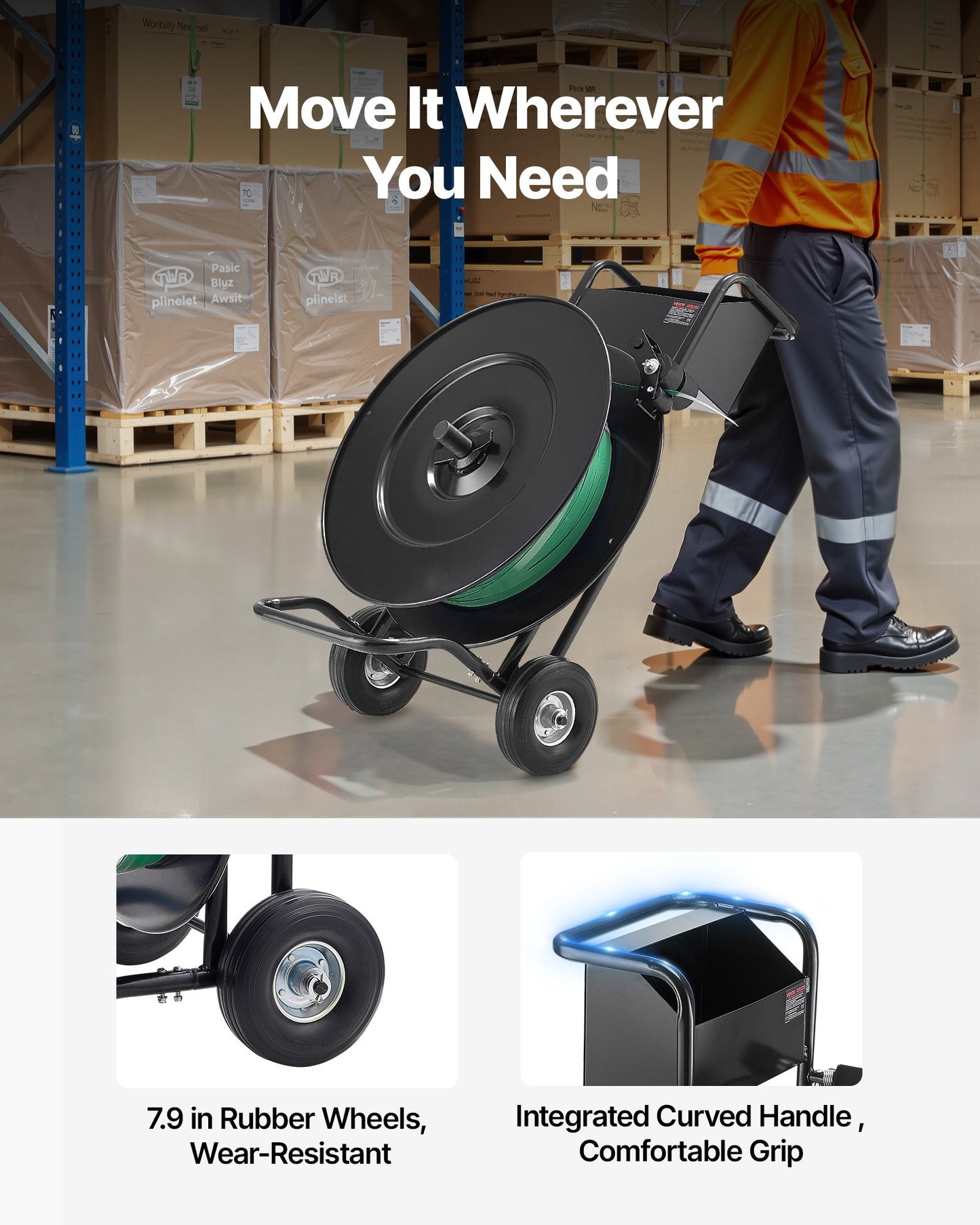 Bandvagn, lämplig för PET/PP/stålbandningsrullar med kärnstorlek 20,3/40,6 cm, kraftig bandningsdispenser utrustad med uppgraderad trumbroms, inbyggt rymligt fack för verktyg