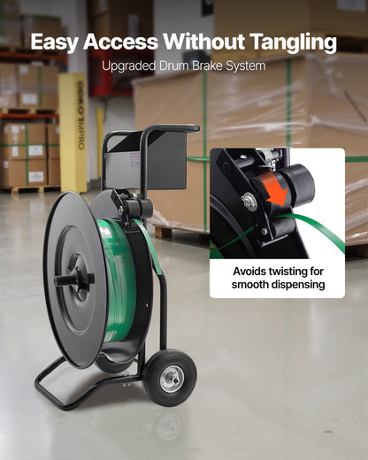 Bandvagn, lämplig för PET/PP/stålbandningsrullar med kärnstorlek 20,3/40,6 cm, kraftig bandningsdispenser utrustad med uppgraderad trumbroms, inbyggt rymligt fack för verktyg