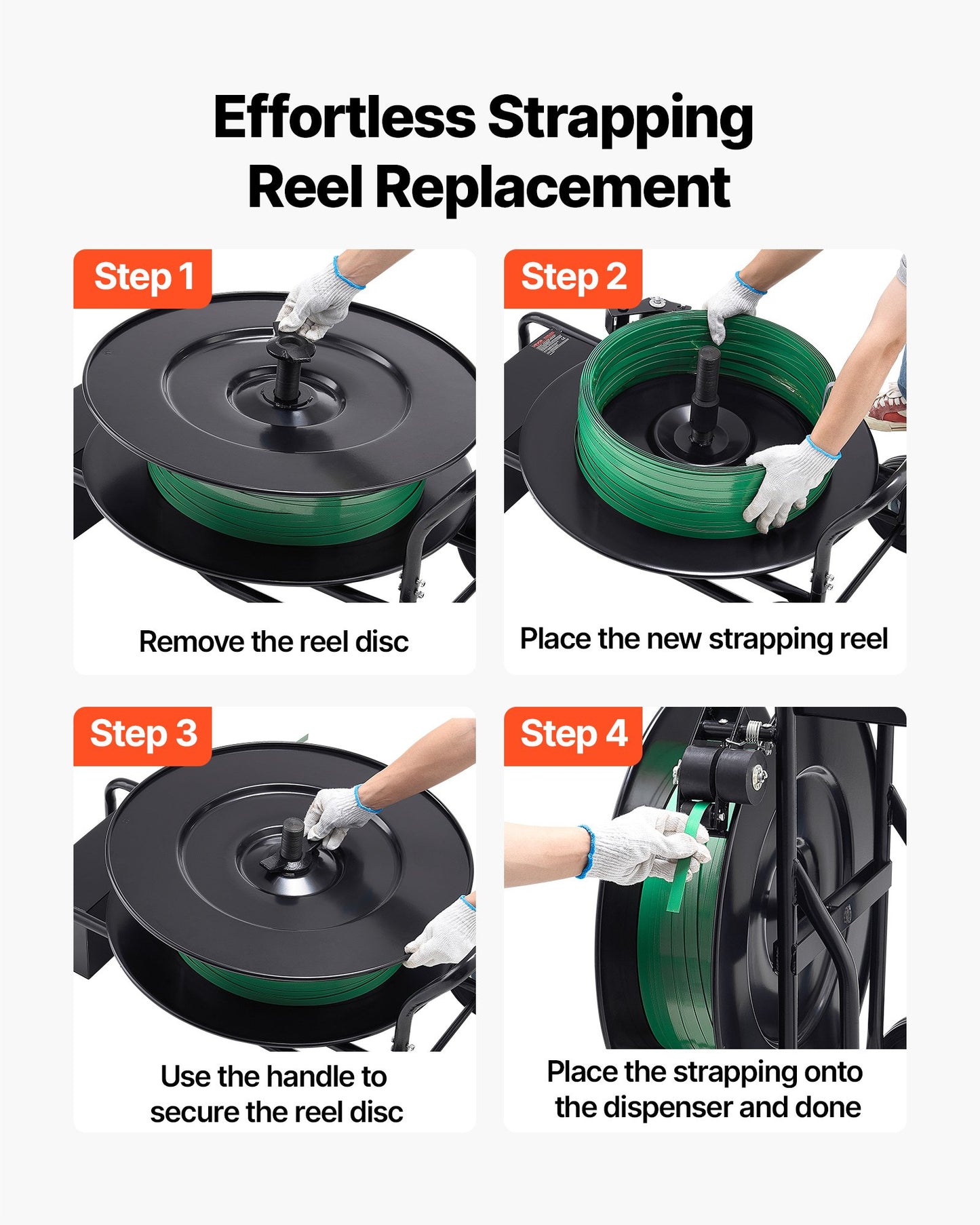 Bandvagn, lämplig för PET/PP/stålbandningsrullar med kärnstorlek 20,3/40,6 cm, kraftig bandningsdispenser utrustad med uppgraderad trumbroms, inbyggt rymligt fack för verktyg