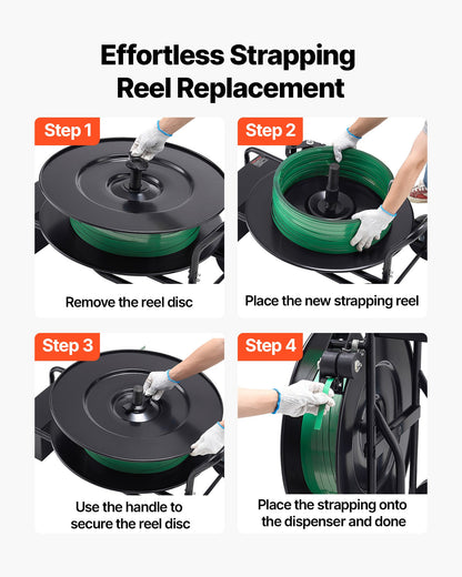 Bandvagn, lämplig för PET/PP/stålbandningsrullar med kärnstorlek 20,3/40,6 cm, kraftig bandningsdispenser utrustad med uppgraderad trumbroms, inbyggt rymligt fack för verktyg