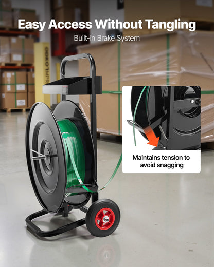 Bandvagn, lämplig för PET/PP/polyesterbandningsrullar med kärnstorlek 20,3/40,6 cm, kraftig bandningsdispenser utrustad med uppgraderat bromssystem, inbyggt rymligt verktygsfack