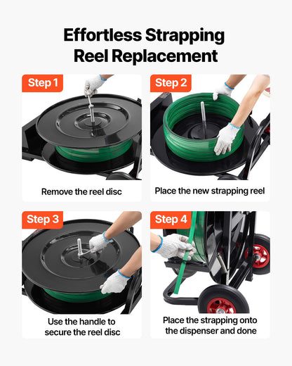 Bandvagn, lämplig för PET/PP/polyesterbandningsrullar med kärnstorlek 20,3/40,6 cm, kraftig bandningsdispenser utrustad med uppgraderat bromssystem, inbyggt rymligt verktygsfack