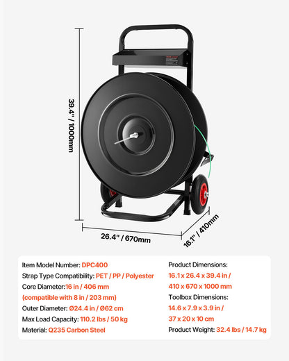 Bandvagn, lämplig för PET/PP/polyesterbandningsrullar med kärnstorlek 20,3/40,6 cm, kraftig bandningsdispenser utrustad med uppgraderat bromssystem, inbyggt rymligt verktygsfack