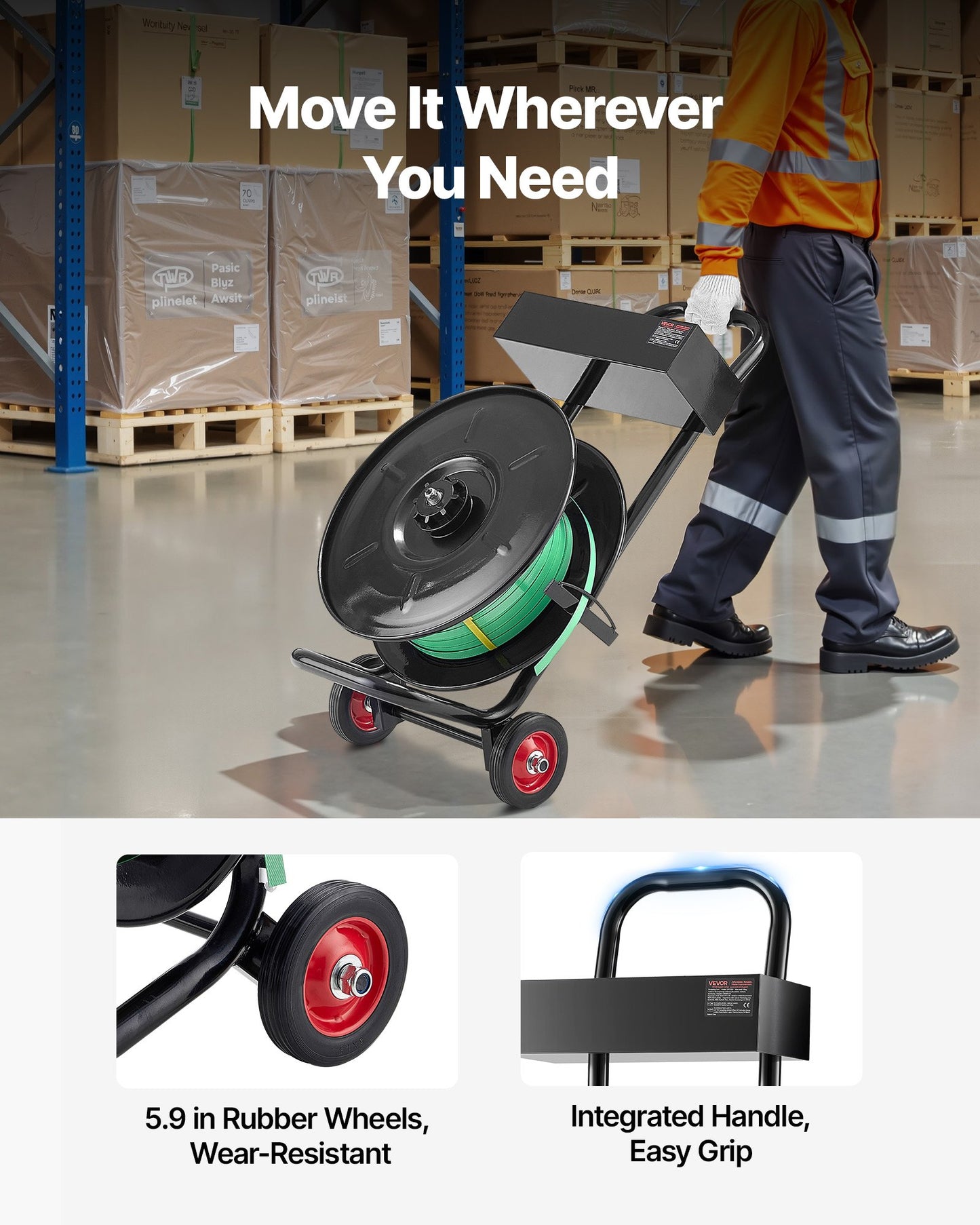 Banding Strapping Cart, Fit for PET / PP / Polyester Strapping Coils with 20.3 cm Core Size, Heavy Duty Strapping Dispenser Equipped with Upgrade Brake System, Built-in Spacious Tray for Tools