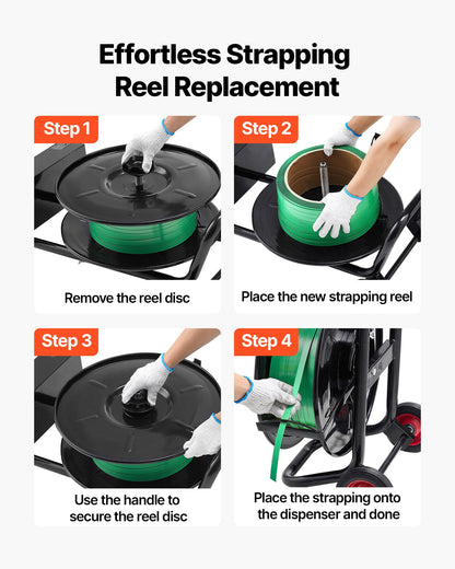 Banding Strapping Cart, Fit for PET / PP / Polyester Strapping Coils with 20.3 cm Core Size, Heavy Duty Strapping Dispenser Equipped with Upgrade Brake System, Built-in Spacious Tray for Tools
