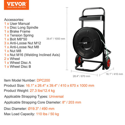 Banding Strapping Cart, for PET/PP/Fiber Strapping Coils with 8" Core Size, Heavy Duty Strapping Dispenser, Equipped with Anti-Retreat Pulleys, Upgrade Brake System, Spacious Tray for Tools