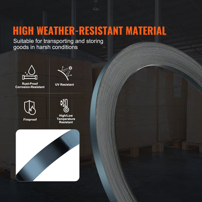 Packaging Steel Strapping Roll, 330' Length x 1/2" Width x 0.016" Thickness, 1100 lbs Break Strength, Heavy Duty Banding Pallet Strap Coil, Portable Strong Banding Packing Metal Straps, Black