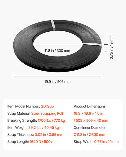 Steel Strapping Coil, 19 mm x 0.55 mm x 500 m, Metal Strapping Banding Roll Withstands Harsh Environment, 771 kg Break Strength, Heavy Duty Banding Pallet Strap Coil for Pallet Packing