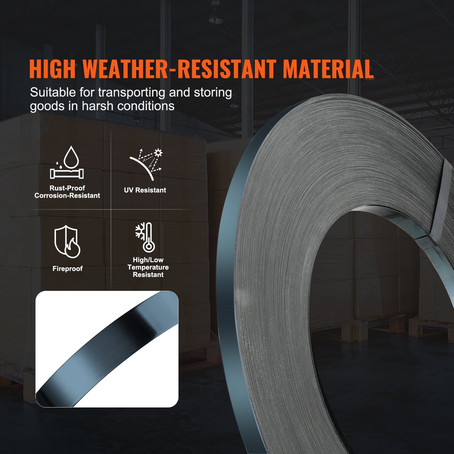 Packaging Steel Strapping Roll, 1640' Length x 3/4" Width x 0.02" Thickness, 1700 lbs Break Strength, Heavy Duty Banding Pallet Strap Coil, Portable Strong Banding Packing Metal Straps, Black