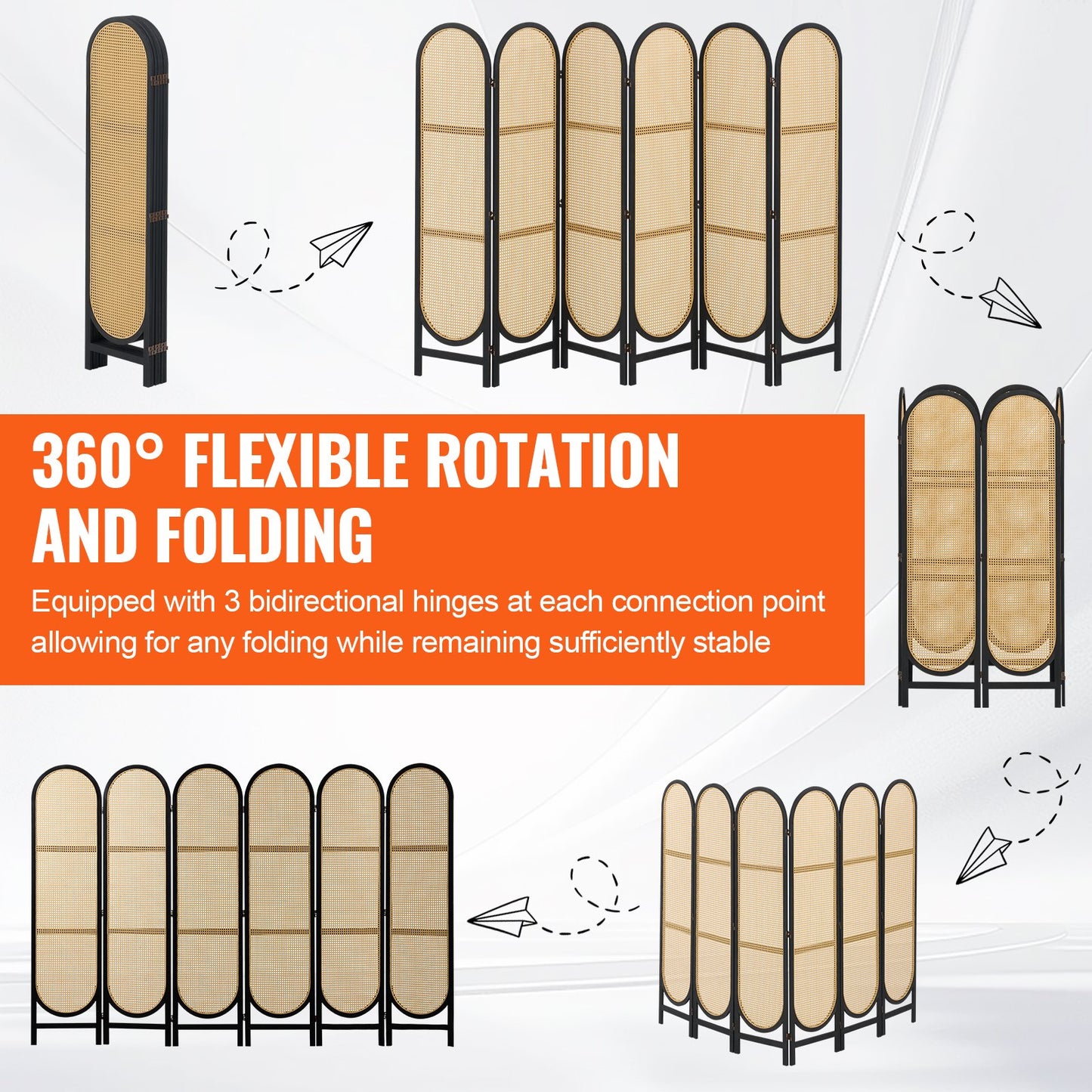Rumsavdelare med 6 paneler, handvävd vikbar insynsskydd i rotting med gångjärn, bärbara rumsavdelare, fristående väggavdelare i trä för rumsavskiljning, vardagsrum, sovrum, brun