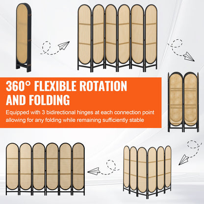 Rumsavdelare med 6 paneler, handvävd vikbar insynsskydd i rotting med gångjärn, bärbara rumsavdelare, fristående väggavdelare i trä för rumsavskiljning, vardagsrum, sovrum, brun