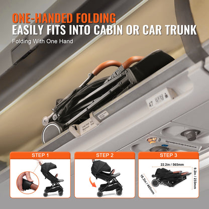 Standard Spädbarnsvagn, Småbarnsvagn med 95°-175° justerbart ryggstöd och 0/90° justerbart fotstöd och hopfällbar med ett klick, Nyföddvagn med mugghållare och bärväska, Svart