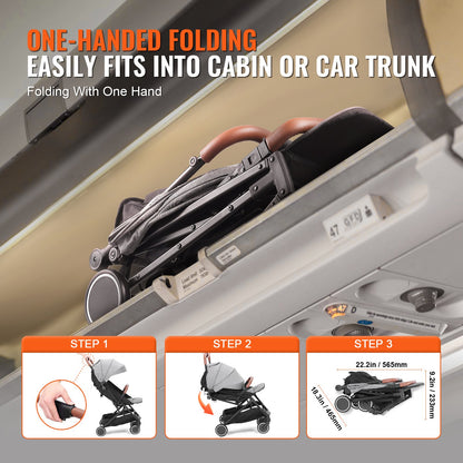 Standard Spädbarnsvagn, Småbarnsvagn med 95°-175° justerbart ryggstöd och 0/90° justerbart fotstöd och hopfällbar med ett klick, Nyföddvagn med mugghållare och bärväska, Mörkgrå