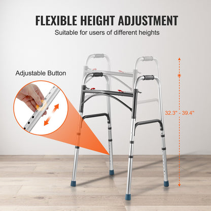Folding Walker, 2-Button Folding Walkers with 8-Level Adjustable Height and Durable Handles, Lightweight Aluminum Mobility Walker Aid for Elderly Handicapped Disabled, Up to 350 Pounds