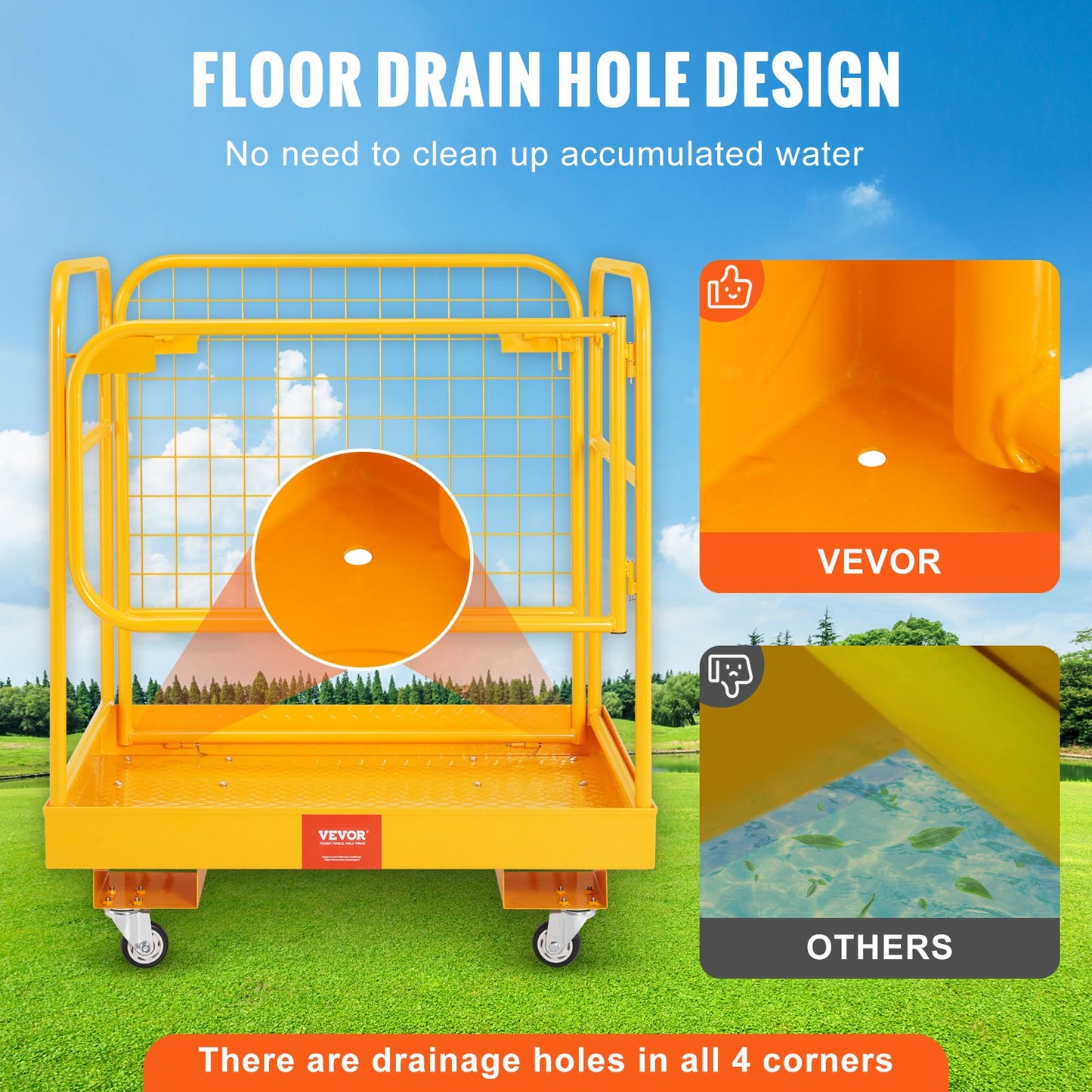 Gaffeltruckssäkerhetsbur, 544,3 kg lastkapacitet, 91,4 x 91,4 cm, hopfällbar gaffeltrucksplattform med låsbara svänghjul, dräneringshål och redskapskedja, rymmer 1 till 2 vuxna, perfekt för arbete i luften