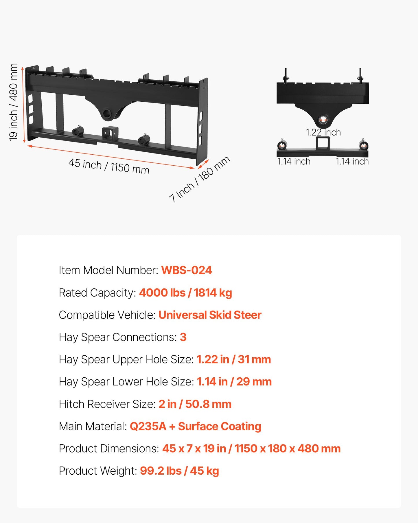 Komplett pallram, 1814 kg nominell lastkapacitet, 115 cm pallgaffelramfästen med 50,8 mm dragkrokfäste och spjuthylsor, passar för lastare traktorer, snabbfäste, endast ram
