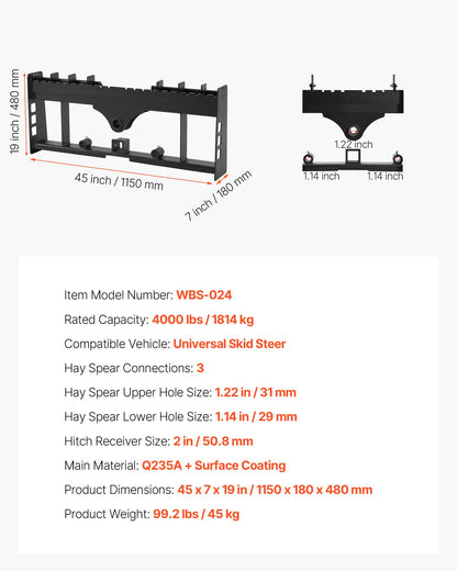 Komplett pallram, 1814 kg nominell lastkapacitet, 115 cm pallgaffelramfästen med 50,8 mm dragkrokfäste och spjuthylsor, passar för lastare traktorer, snabbfäste, endast ram