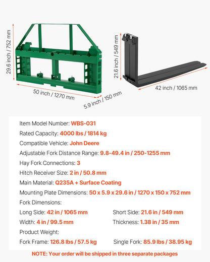 Kompaktlastade pallgafflar, 1814 kg nominell lastkapacitet, pallgaffelramfäste med 1065 mm pallgafflarblad, 50,8 mm dragkroksfäste och spjuthylsor, passar för JD-traktorer