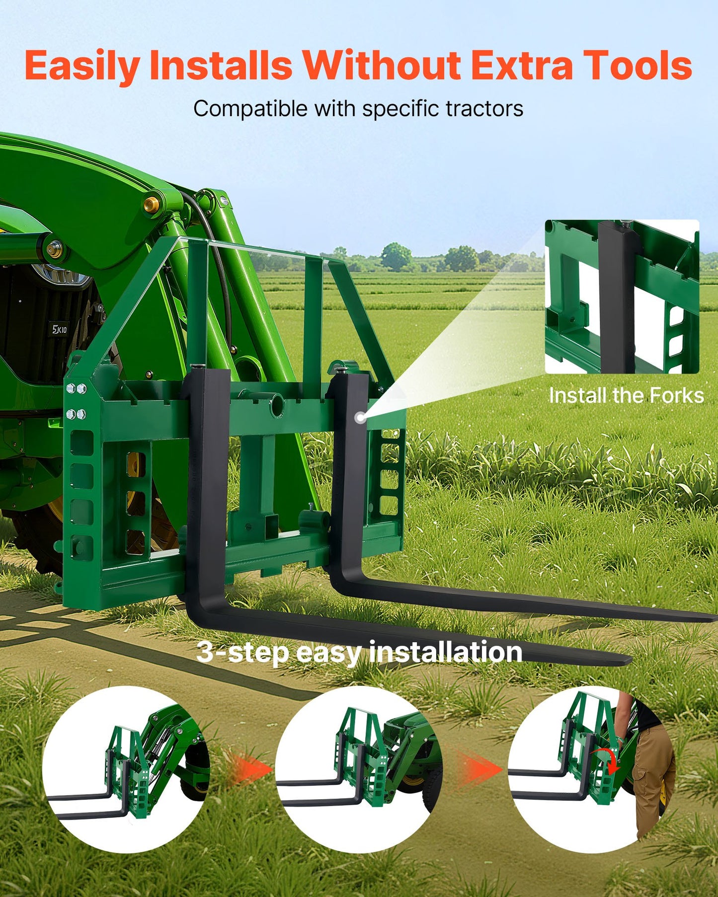 Skid Steer Pallet Forks, 1814 kg Rated Load Capacity, Pallet Fork Frame Attachment with 122 cm Pallet Forks Forklift Blades, 50.8 mm Hitch Receiver & Spear Sleeves, Fit for JD Tractors