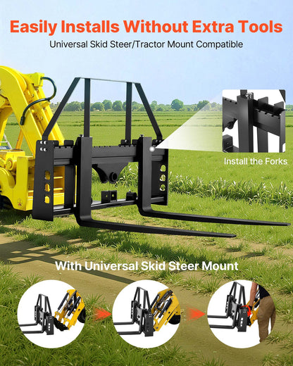Skid Steer Pallet Forks, 1814 kg Rated Capacity, Pallet Fork Frame Attachment with 122 cm Pallet Forks Forklift Blades, 50.8 mm Hitch Receiver & Spear Sleeves, Fit for Skid Steers, Tractors