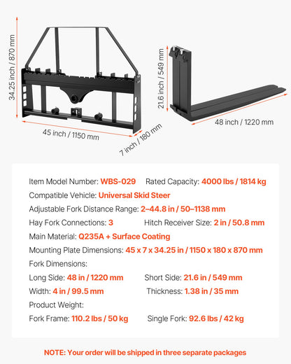 Skid Steer Pallet Forks, 1814 kg Rated Capacity, Pallet Fork Frame Attachment with 122 cm Pallet Forks Forklift Blades, 50.8 mm Hitch Receiver & Spear Sleeves, Fit for Skid Steers, Tractors