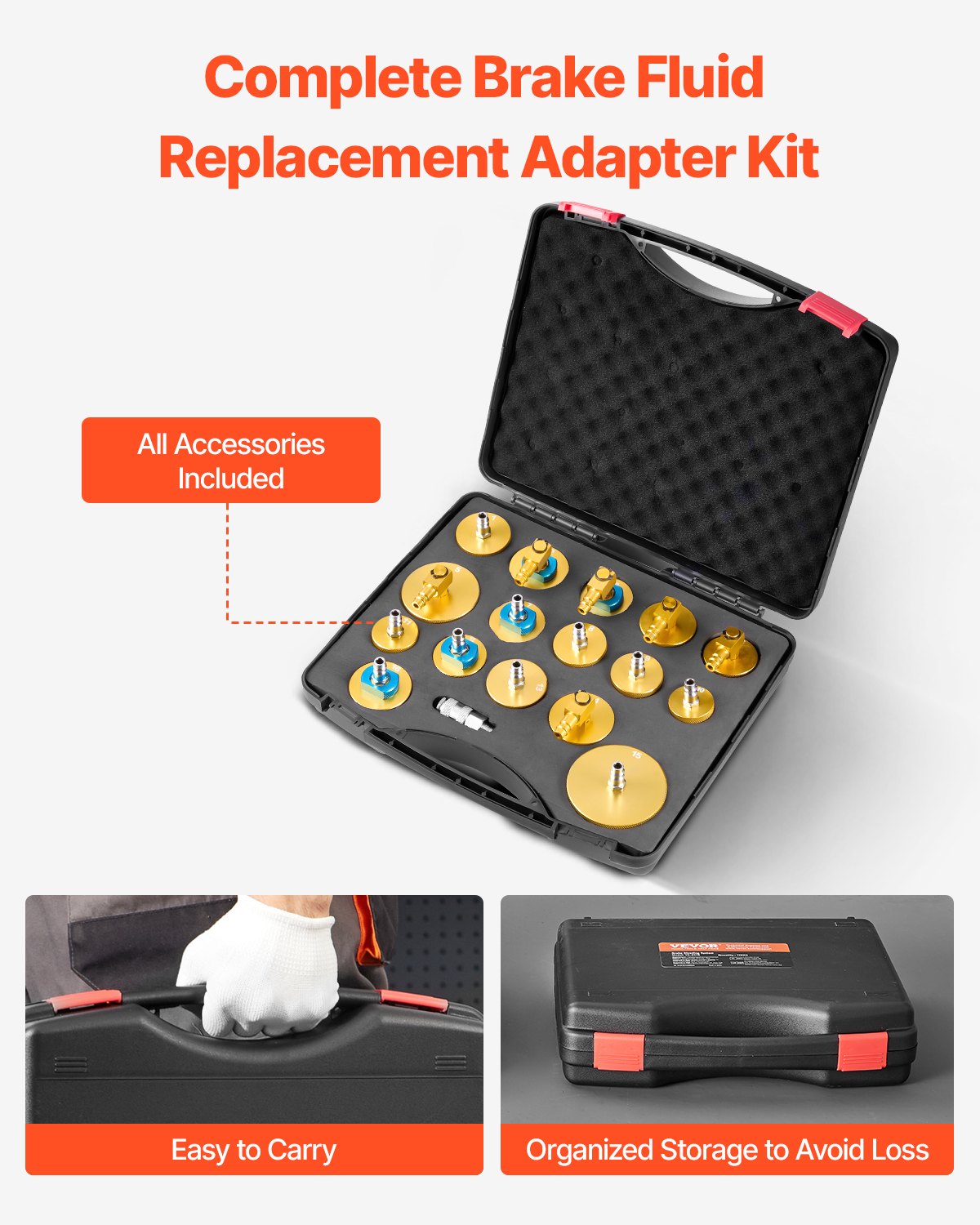 Brake Master Bleeder Kit, 17 Pcs, Professional Brake Bleeder Adapter Set with Complete Kit & Handle, Durable Brake Bleeder Adapter for Brake Fluid Filling Fit for Most New & Old Vehicles