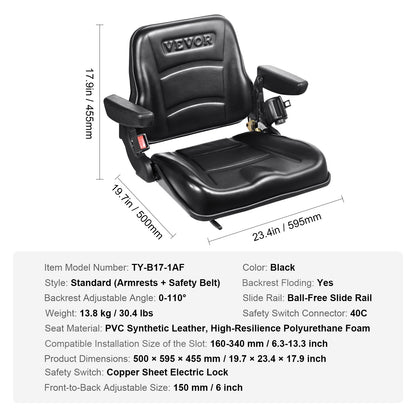 Universal Forklift Seat, Fold Down Tractor Seat with Adjustable Angle Back, Micro Switch, Seatbelt and Armrests, 6.3-13.4 inch Slot Tractor Seat for Tractor Loader Excavator