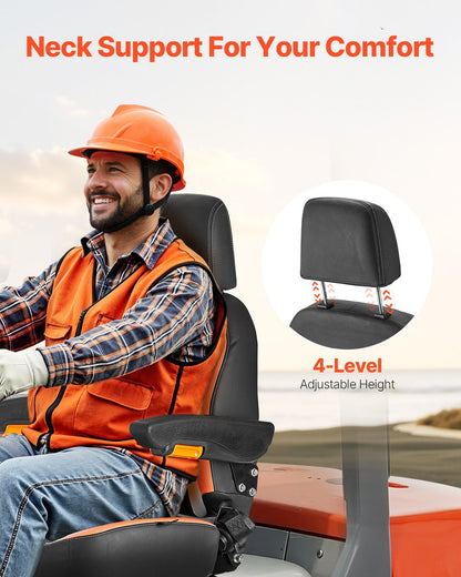 Universal Forklift Seat, Tractor Seat with Adjustable Back, Armrest, Headrest & Safety Belt, Secure Tractor Seat with Micro Switch, Ergonomic Lawnmower Seat for Skid Loader Bulldozer
