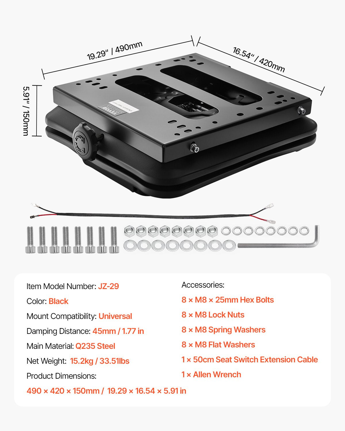 Seat Suspension Kit Without Seat Slider Track, Universal Air Ride Seat Suspension for Zero Turn Lawn Mower, with Dustcover, Tractor Seat Suspension ‎Kit for Forklift, Bulldozers