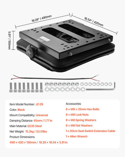 Seat Suspension Kit Without Seat Slider Track, Universal Air Ride Seat Suspension for Zero Turn Lawn Mower, with Dustcover, Tractor Seat Suspension ‎Kit for Forklift, Bulldozers