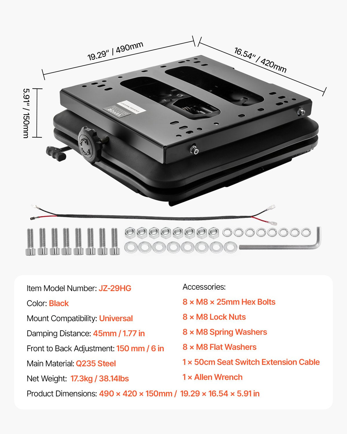 Seat Suspension Kit With Seat Slider Track, Universal Air Ride Seat Suspension with Dust Cover, 6in Front-to-Back Adjustable, Tractor Seat Suspension ‎Kit for Zero Turn Lawn Mower, Forklift