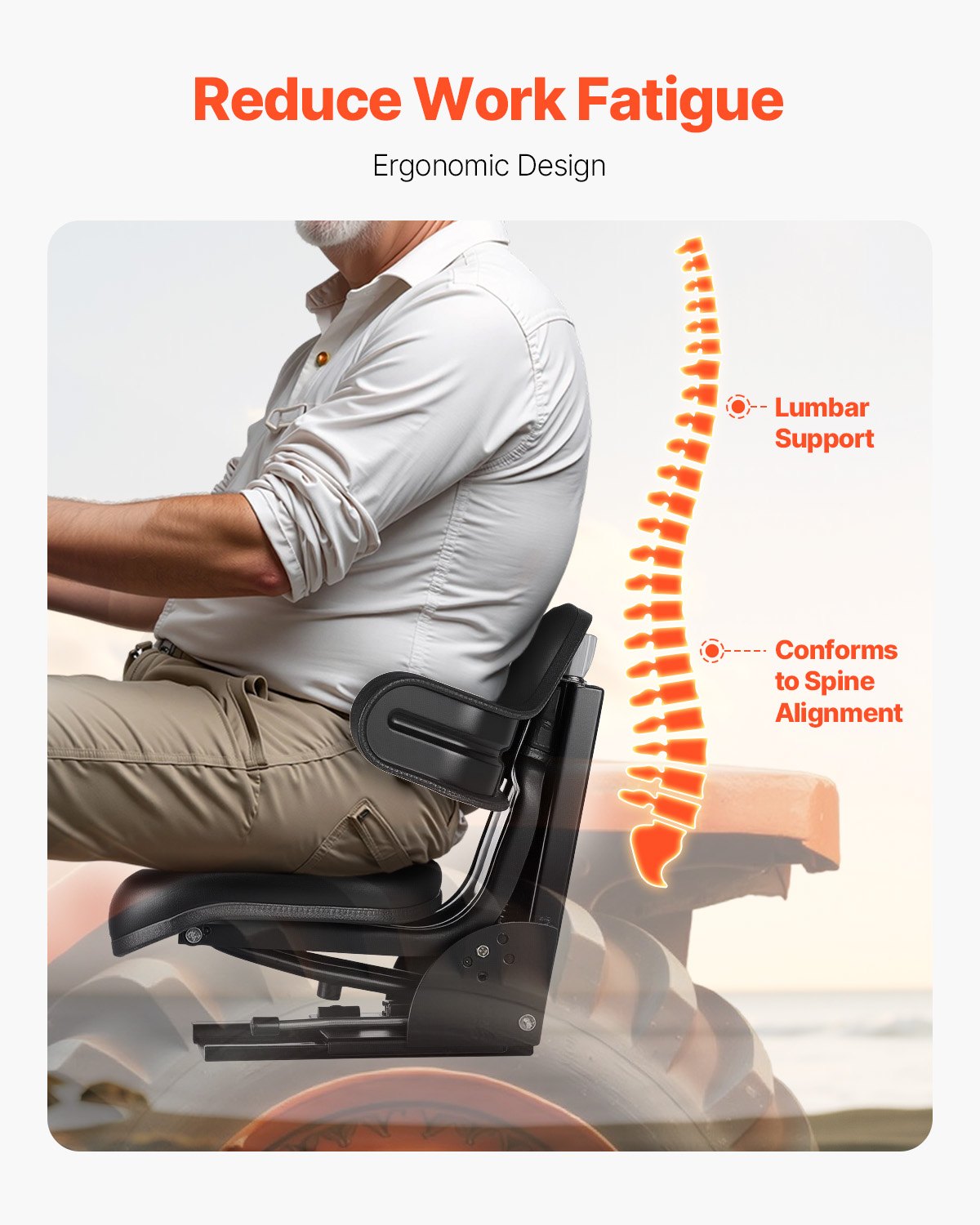 Universellt gaffeltrucksäte, vattentätt traktorfjädrande säte med justerbar rygg, säkert traktorsäte med mikrobrytare, allmänt kompatibelt säte för kompaktlastare och bulldozer