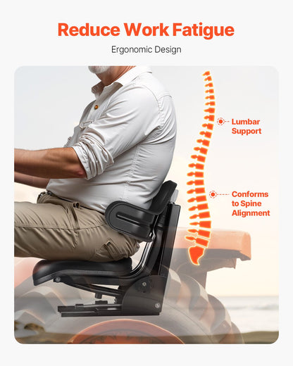 Universellt gaffeltrucksäte, vattentätt traktorfjädrande säte med justerbar rygg, säkert traktorsäte med mikrobrytare, allmänt kompatibelt säte för kompaktlastare och bulldozer