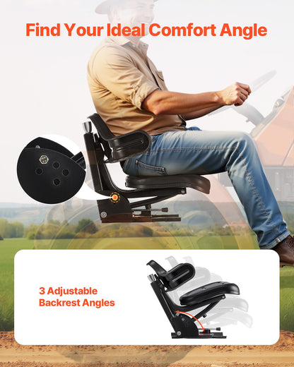 Universellt gaffeltrucksäte, vattentätt traktorfjädrande säte med justerbar rygg, säkert traktorsäte med mikrobrytare, allmänt kompatibelt säte för kompaktlastare och bulldozer