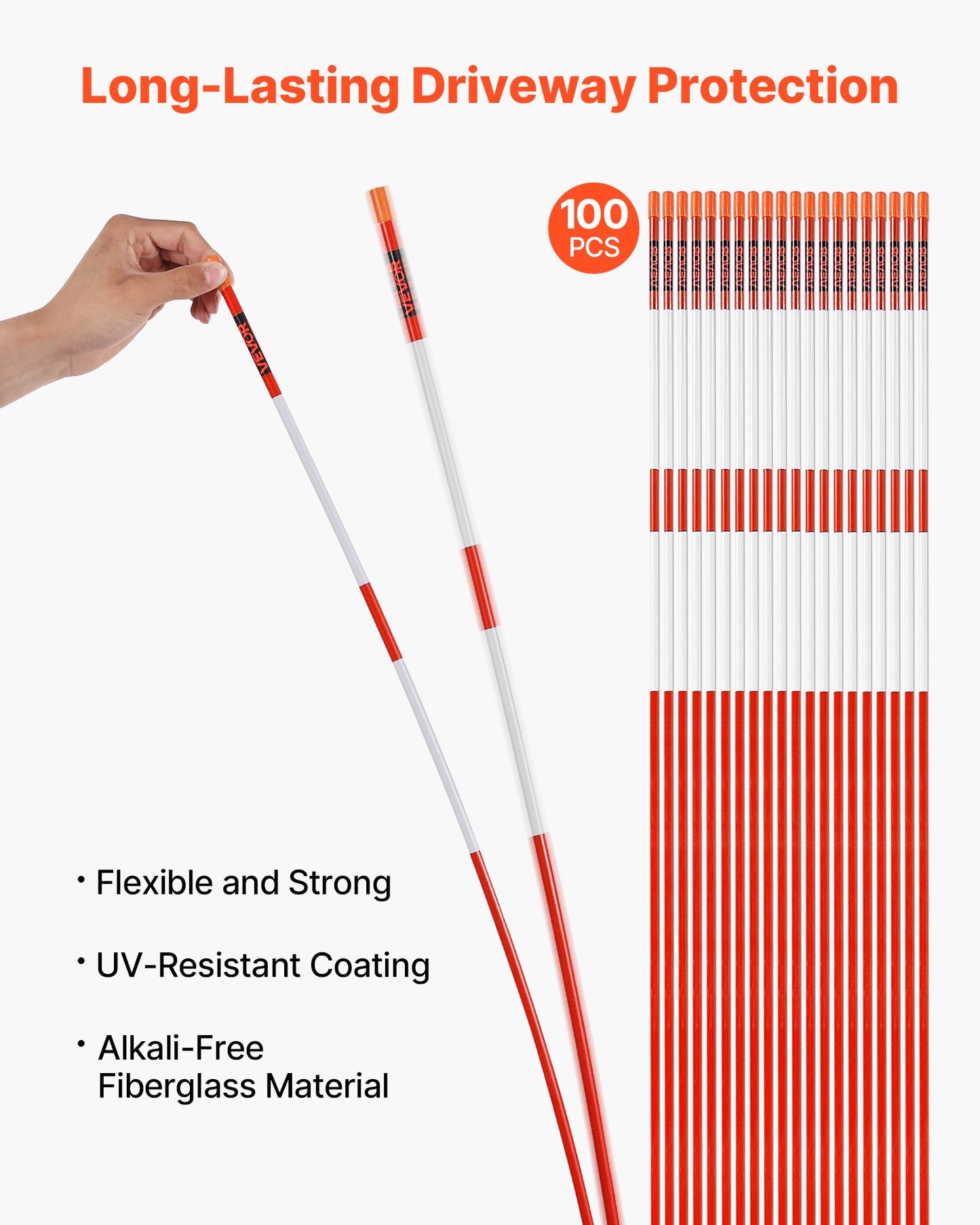Uppfartsmarkörer, 100 st. 183 cm långa, 7,87 mm diameter, hög synlighet för uppfarter med 12-tums stålborr, reflekterande snöpinnar, glasfiberstång för parkeringsplatser, gångvägar, snöröjning