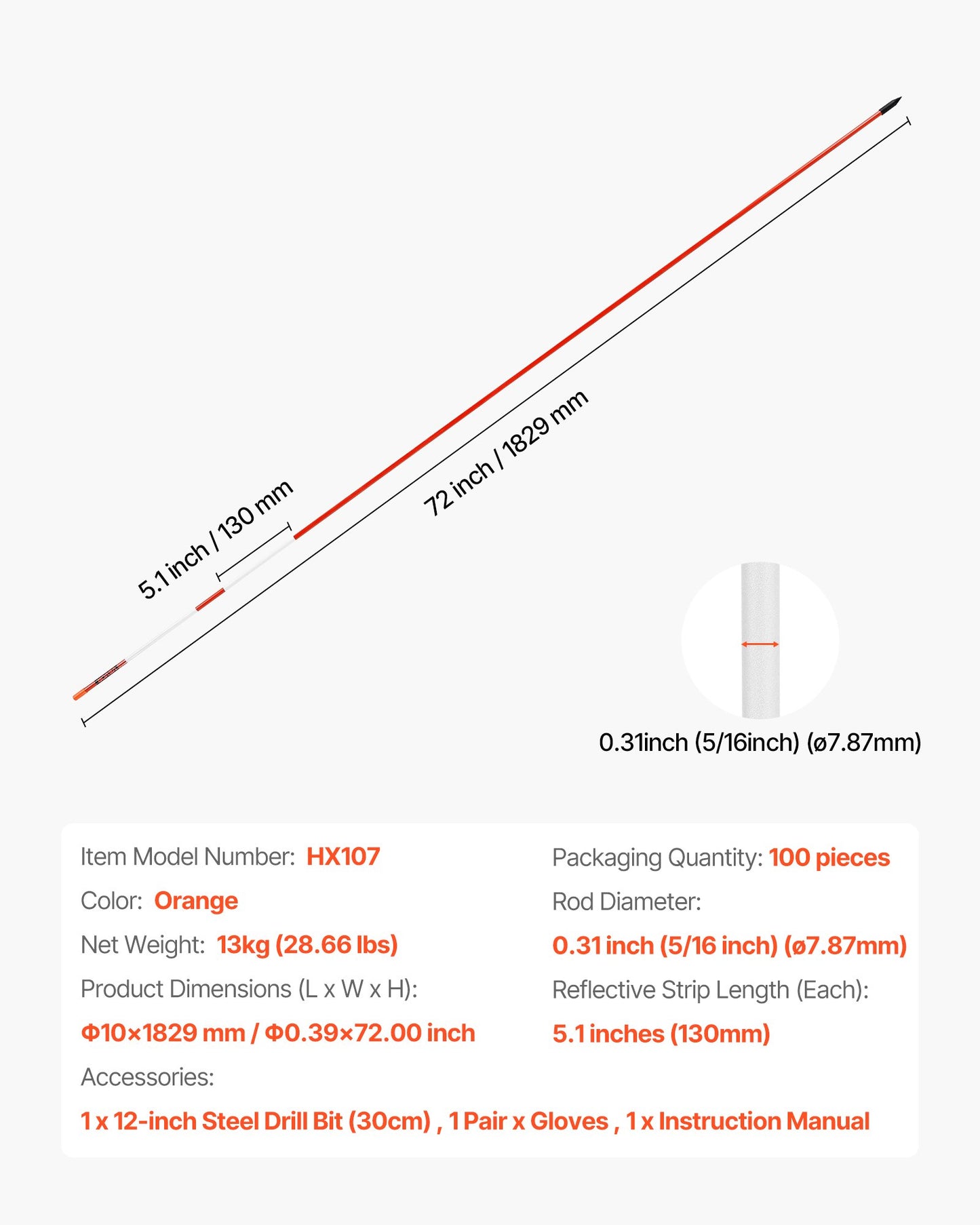 Uppfartsmarkörer, 100 st. 183 cm långa, 7,87 mm diameter, hög synlighet för uppfarter med 12-tums stålborr, reflekterande snöpinnar, glasfiberstång för parkeringsplatser, gångvägar, snöröjning