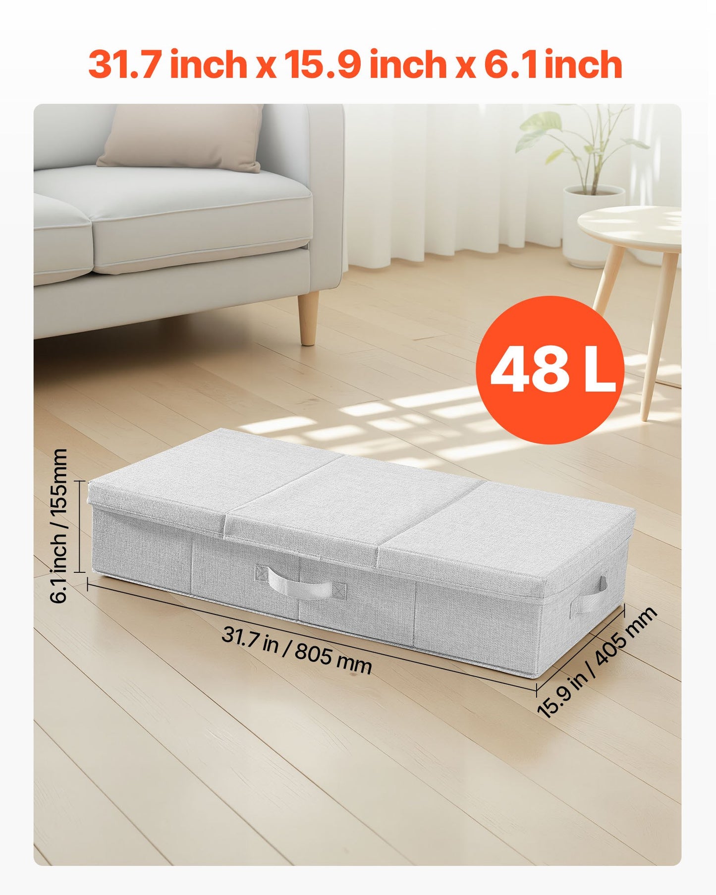 Förvaring under sängen med lock, 805 x 405 x 155 mm, 48L stora klädförvaringsbehållare under sängen, lågprofil grå låda för skoförvaring under sängen för skoskåp i sovrummet, 2-pack