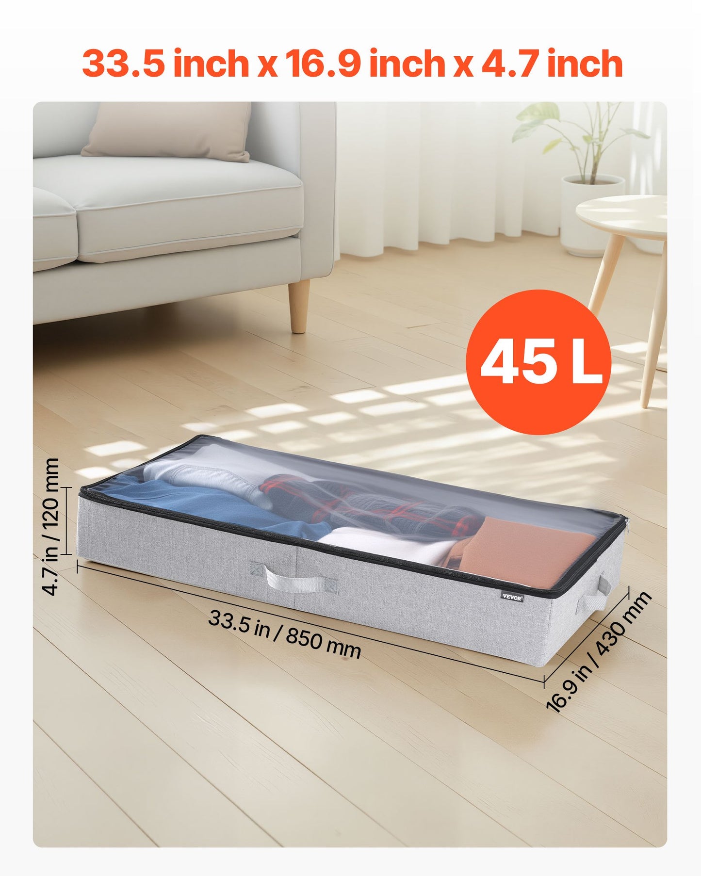 Förvaring under sängen med genomskinliga lock, 850 x 430 x 120 mm, 45 liter stora klädförvaringsbehållare under sängen, lågprofilerade lådor för skoorganisering under sängen, för filtsko i sovrummet, 2-pack