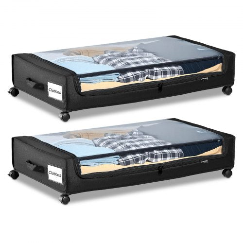 Under Bed Storage with Wheels, 770 x 470 x 173 mm, Underbed Containers with Clear Lid, Underbed Shoe Organizer, Rolling Under the Bed Storage Bins for Clothes, Shoes, Blankets, Bedroom, 2 Pack