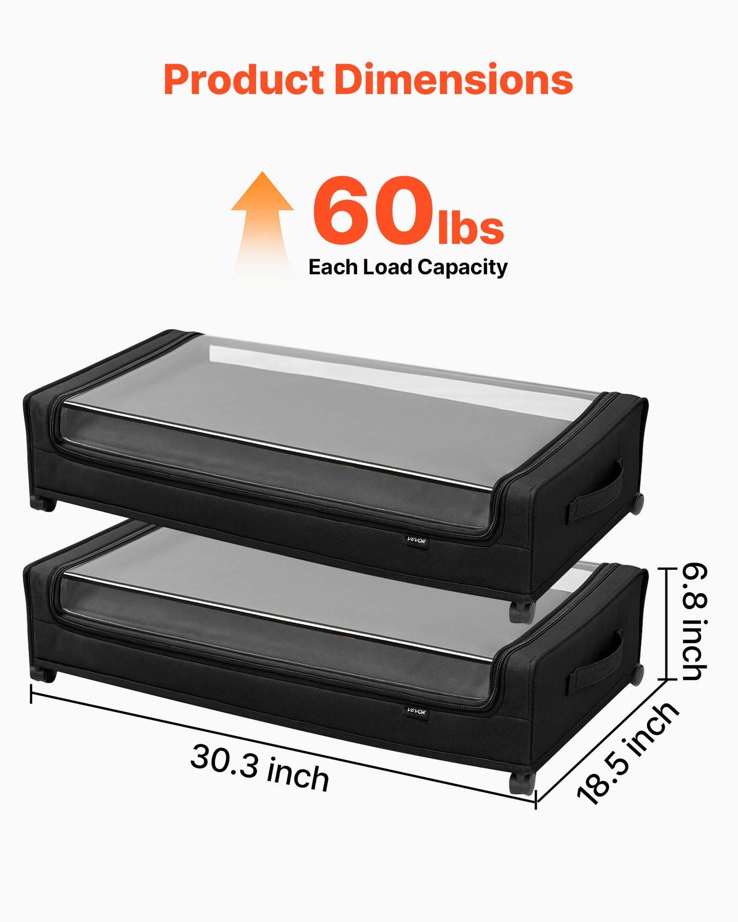 Under Bed Storage with Wheels, 770 x 470 x 173 mm, Underbed Containers with Clear Lid, Underbed Shoe Organizer, Rolling Under the Bed Storage Bins for Clothes, Shoes, Blankets, Bedroom, 2 Pack
