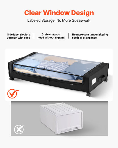 Under Bed Storage with Wheels, 770 x 470 x 173 mm, Underbed Containers with Clear Lid, Underbed Shoe Organizer, Rolling Under the Bed Storage Bins for Clothes, Shoes, Blankets, Bedroom, 2 Pack