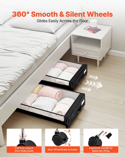 Under Bed Storage with Wheels, 770 x 470 x 173 mm, Underbed Containers with Clear Lid, Underbed Shoe Organizer, Rolling Under the Bed Storage Bins for Clothes, Shoes, Blankets, Bedroom, 2 Pack