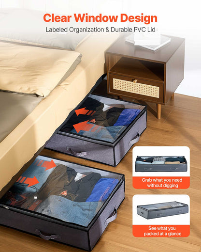Under Bed Storage with Clear Lids, 996 x 500 x 180 mm, 90L Large Underbed Clothes Storage Containers, Low Profile Under Bed Drawer Shoe Organizer Bins Box for Blanket Shoe Bedroom, 4 Pack