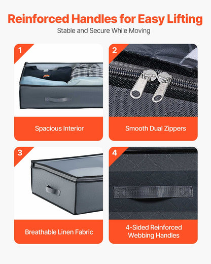 Under Bed Storage with Clear Lids, 996 x 500 x 180 mm, 90L Large Underbed Clothes Storage Containers, Low Profile Under Bed Drawer Shoe Organizer Bins Box for Blanket Shoe Bedroom, 4 Pack