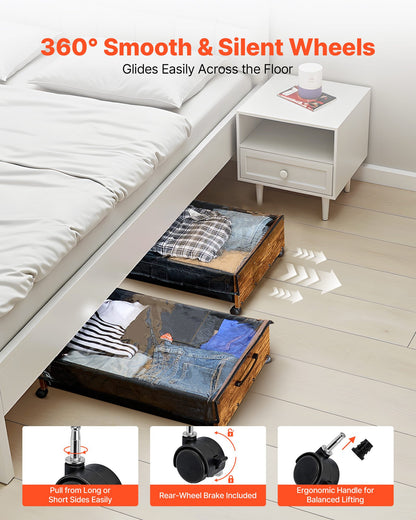 Förvaring under sängen med hjul, 650 x 460 x 180 mm behållare under sängen, skolåda under sängen med låsbara hjul, rullbara förvaringsfack för kläder, skor, filtar, 2-pack