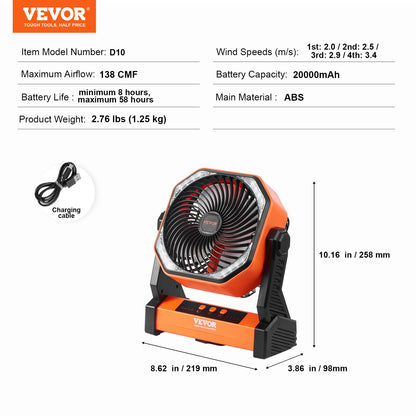 Portable Fan Rechargeable 203.2mm, Battery Powered Fan with LED Lantern, 4 Speeds Adjustable Portable Small Table Fan Personal, USB Battery Operated Fans for Travel Bedroom Home Camping Office