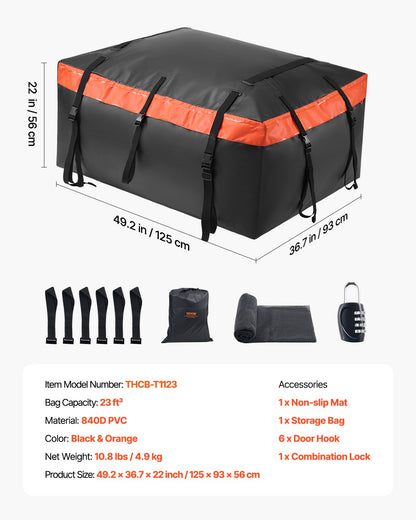 Car Rooftop Cargo Carrier Bag, 23 Cubic Feet Roof Cargo Carrier, Heavy Duty 840D PVC 100% Waterproof Car Roof Luggage Bag for All Vehicle with/without Rack- with Lock, Anti-Slip Mat, 6 Door Hook