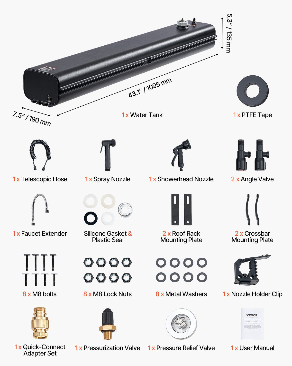 Roof Rack Water Tank, 4.5 Gal, Multi-Dispensing Outdoor Tank with 2 Splash-Guard Panels & T-slot, High-Capacity Aluminum Tank with Pressurization Port, Fit for Trunks, Roll Bars, Crossbars