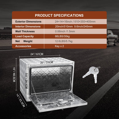 Underbody Truck Box, 61 x 35.6 x 40.6 cm Pickup Storage Box, Heavy Duty Aluminum Diamond Plate Tool Box with Lock and Keys, Waterproof Trailer Storage Box with T-Handle Latch for Truck, Van, Trailer