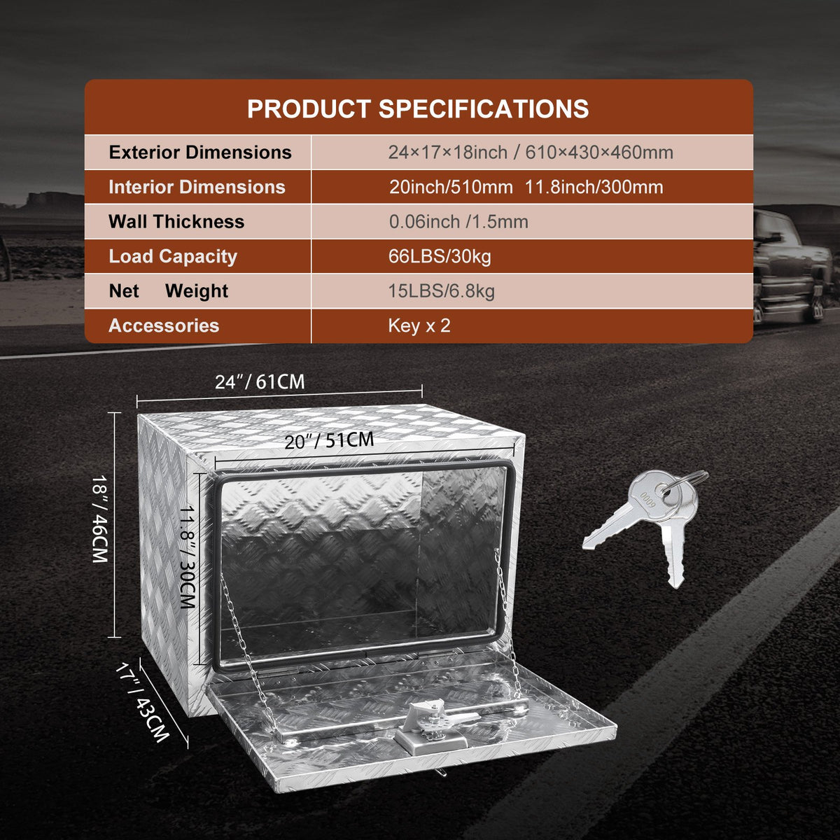 Underrede för lastbil, förvaringslåda för pickuper 24"×17"×18", verktygslåda i kraftig aluminium med diamantplåt, lås och nycklar, vattentät förvaringslåda för släpvagn med T-handtag för lastbil, skåpbil, släpvagn